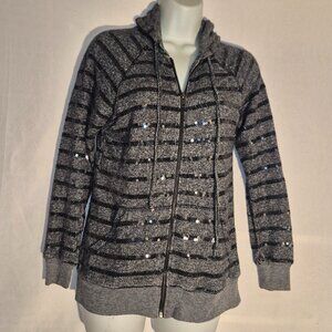 FOREVER 21 zippered Hoodie, Black and gray w/ silver sequins in size small